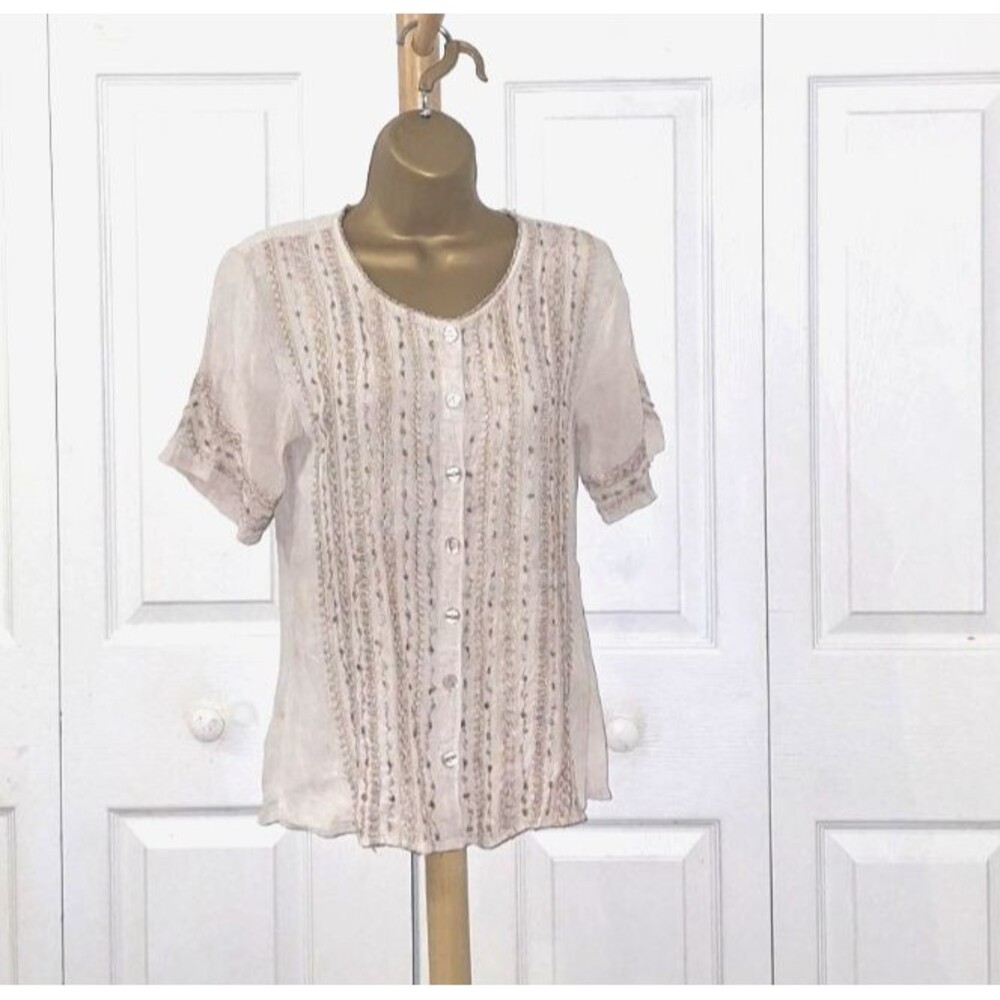 Raya Sun Cream Tan Embroidered Beaded Button Top Small Short Sleeve Prairie Boho